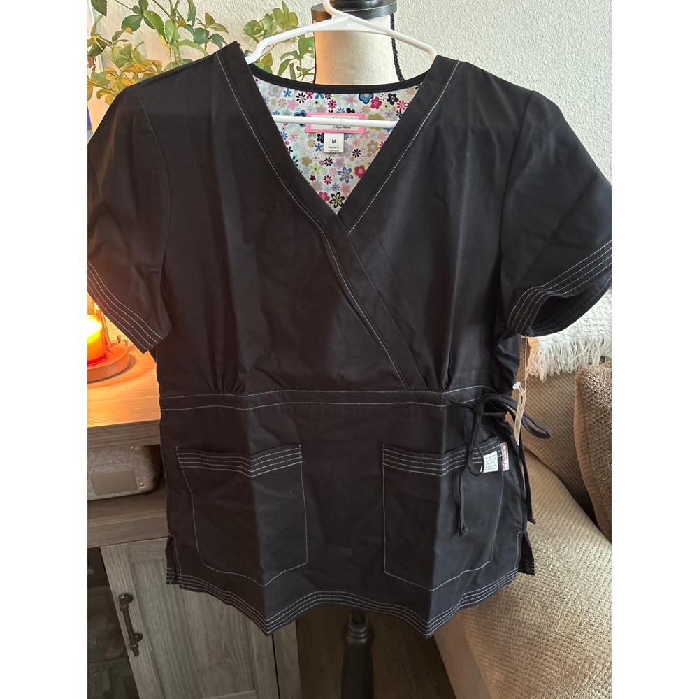Koi by Kathy Peterson Black Scrub Top Mock Wrap medium NWT